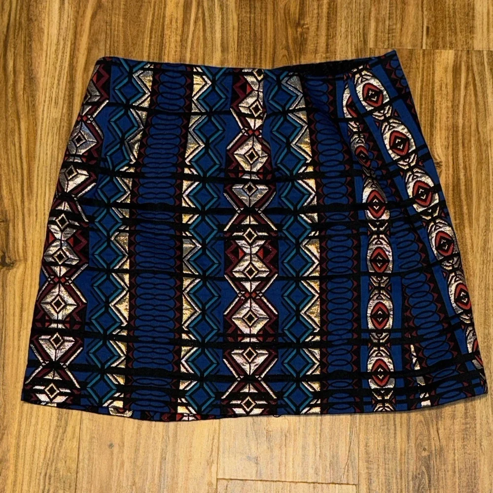 J crew women 12 large skirt mini knee zip split Geometric Blue Black silver gold